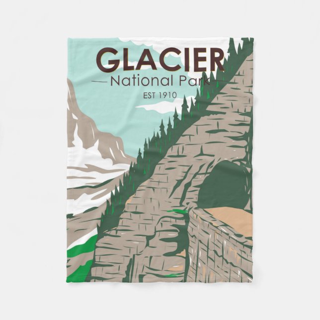 Glacier National Park Going to the Sun Road Retro  Fleece Blanket (Front)