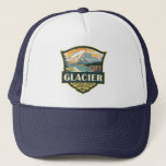 Glacier National Park Illustration Travel Vintage Trucker Hat<br><div class="desc">Glacier vector artwork design. The park is a wilderness area in Montana's Rocky Mountains,  with glacier-carved peaks and valleys running to the Canadian border.</div>