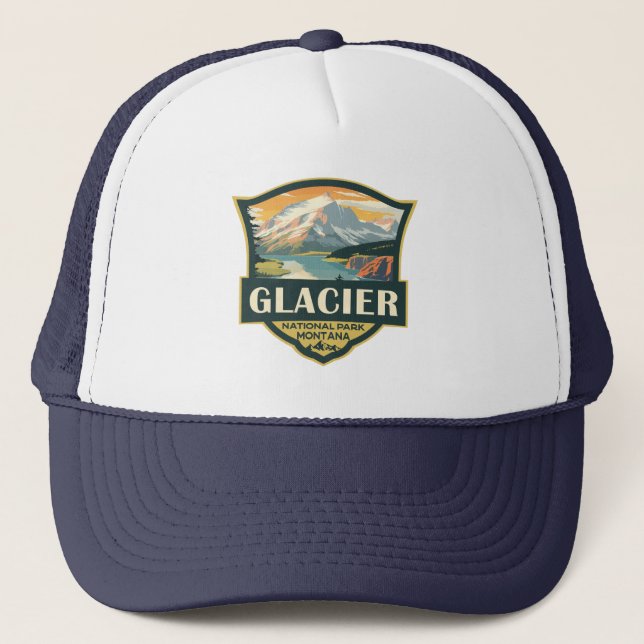 Glacier National Park Illustration Travel Vintage Trucker Hat (Front)