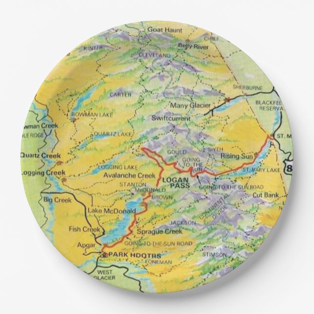 Glacier National Park Map Paper Plate (Front)