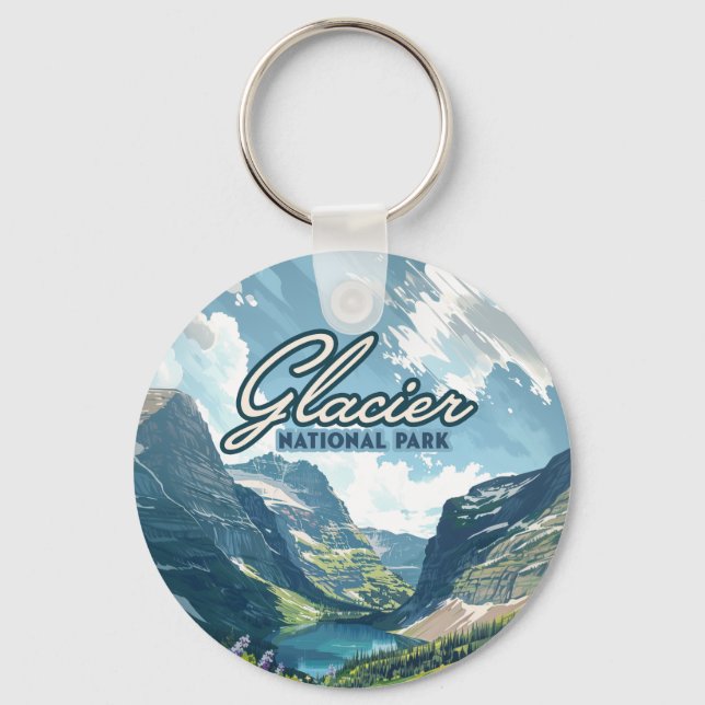 Glacier National Park Montana Lake Retro Key Ring (Front)