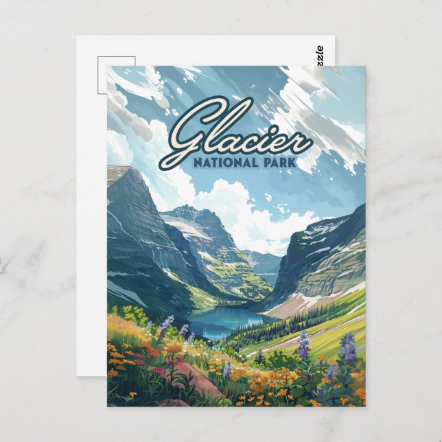 Glacier National Park Montana Lake Retro Postcard (Front/Back)