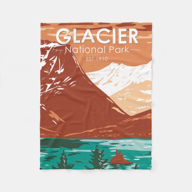 Glacier National Park Montana Vintage Fleece Blanket (Front)