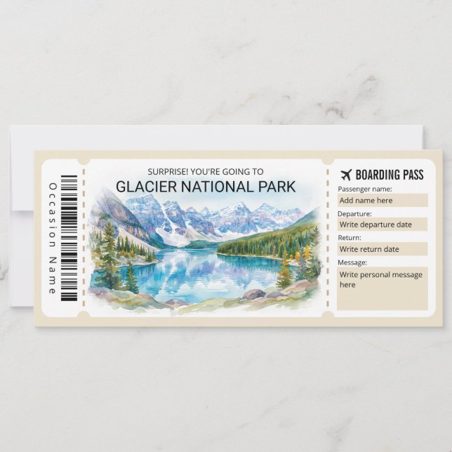 Glacier National Park Trip Boarding Pass Ticket Invitation (Front)