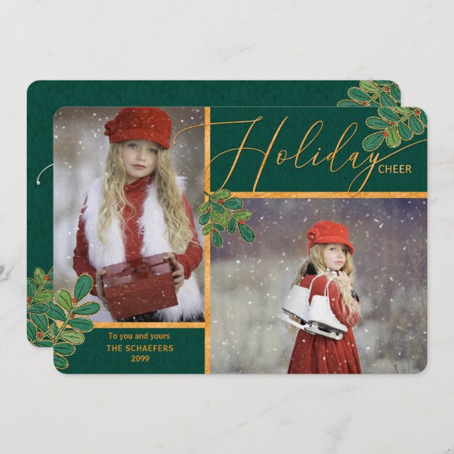 Glad Tidings Green and Gold Holly 2 Photo Holiday Card (Front/Back)
