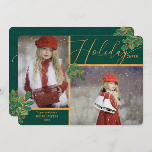 Glad Tidings Green and Gold Holly 2 Photo Holiday Card