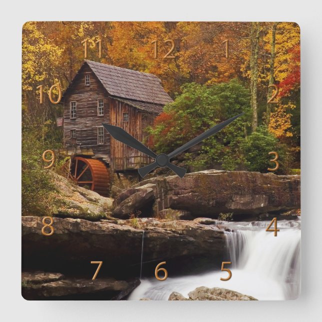 Glade Creek Grist Mill Square Wall Clock (Front)