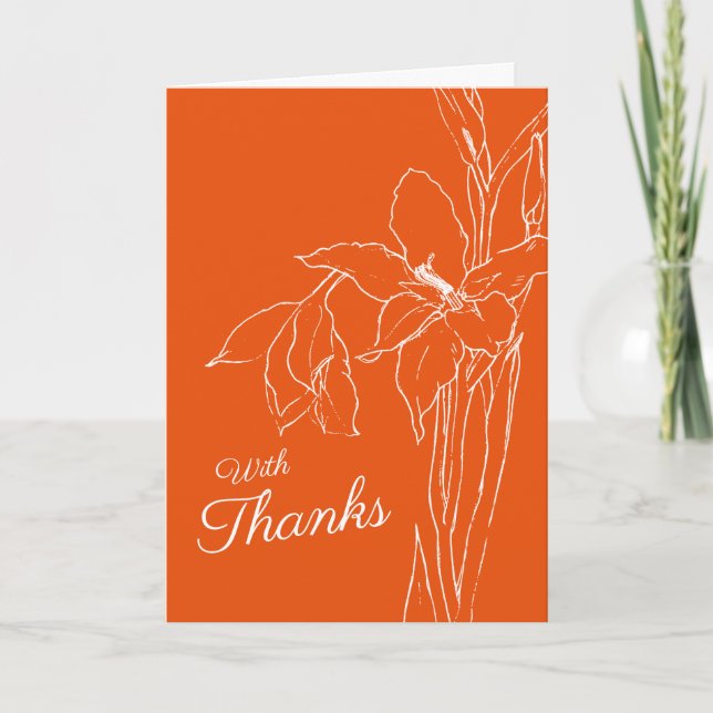 Gladioli drawing white on orange wedding thank you card (Front)