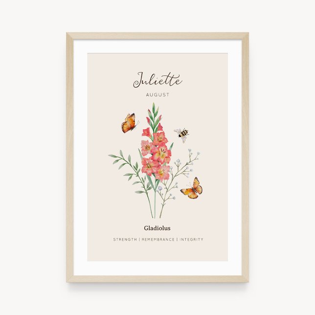 Gladiolus Birth Month Flower Poster (Example of gladiolus birth flower poster once framed. )