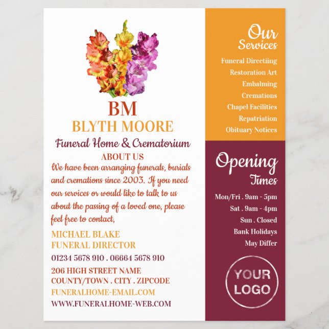 Gladiolus Flowers, Funeral Home, Directors Flyer (Front)