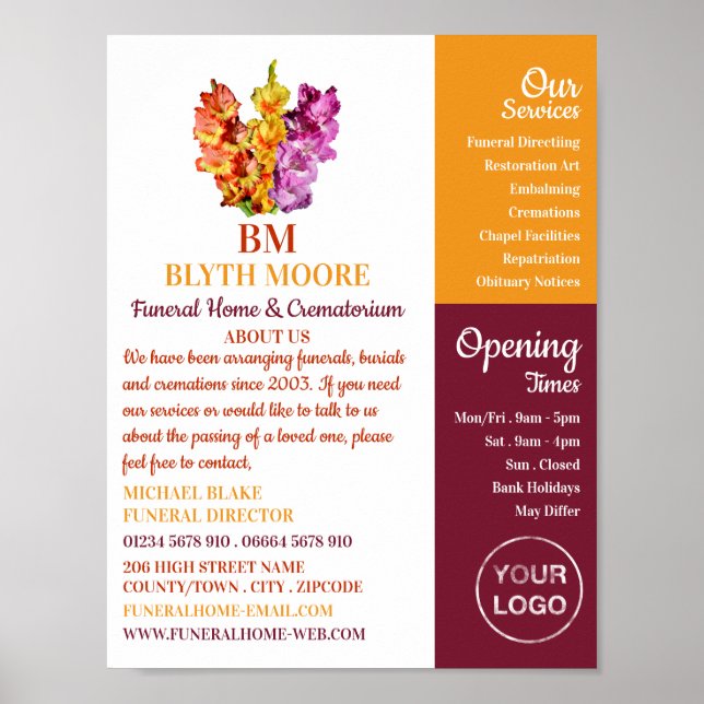 Gladiolus Flowers, Funeral Home, Directors Poster (Front)