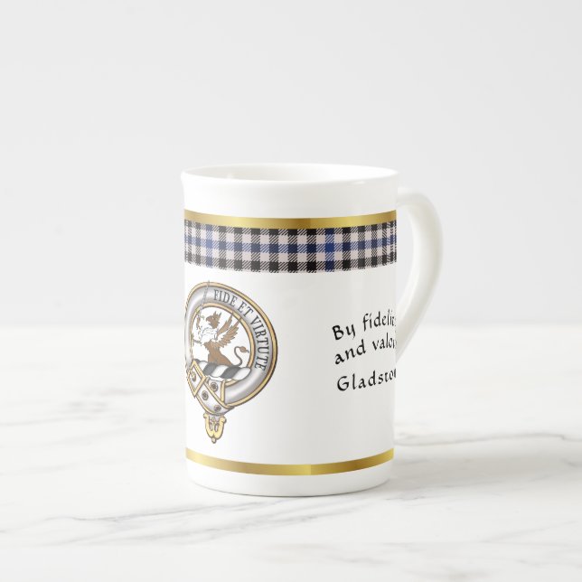 Gladstone Clan Badge Tartan & Motto Bone China Mug (Front Right)