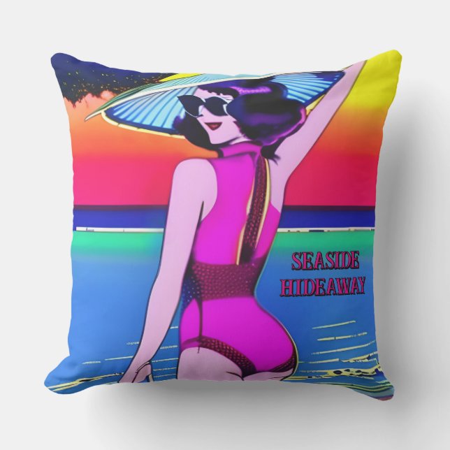 Glam 1950s Bathing Girl Editable Text Cushion (Front)