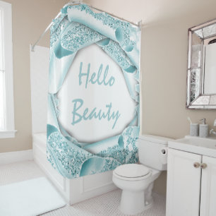 Glam 3D Frame Blue OCEAN Aqua HELLO Girly Shower Curtain