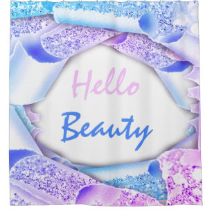 Glam 3D Frame Blue Pink Glitter HELLO Girly Shower Curtain