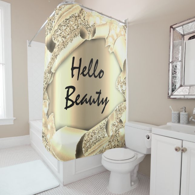 Glam 3D Frame FAUX Gold SPARK  HELLO Girly Shower Curtain (In Situ)