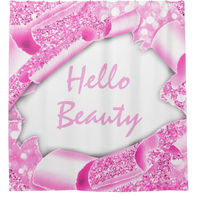 Glam 3D Frame Pink Fuchsia HELLO Girly Shower Curtain (Front)