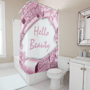 Glam  3D Pink  Rose  HELLO Girly Shower Curtain