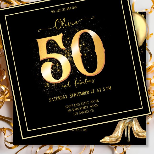 Glam 50 and Fabulous Sparkling Gold Black Invitation (Creator Uploaded)
