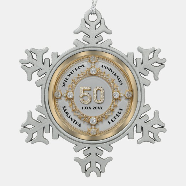 Glam 50 Anniversary white diamond set in gold Snowflake Pewter Christmas Ornament (Front)