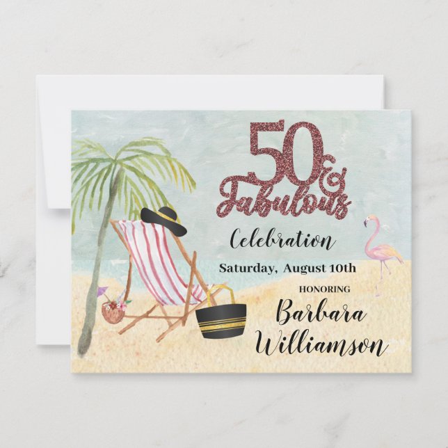 Glam 50 & Fabulous Beach Scene Party  Invitation (Front)