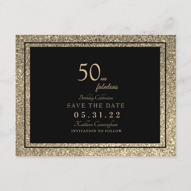 Glam 50 & Fabulous Gold Glitter Save the Date Post Postcard (Front)