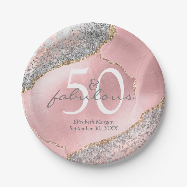 Glam 50 Fabulous Rose Gold Glitter Name Birthday  Paper Plate (Front)