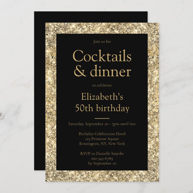 Glam 50th Birthday Black Gold Invitation (Front/Back)