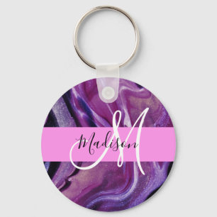 Glam Abstract Purple Shimmer Texture Pink Monogram Key Ring