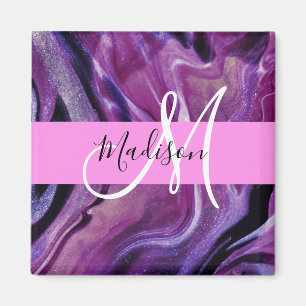 Glam Abstract Purple Shimmer Texture Pink Monogram Magnet