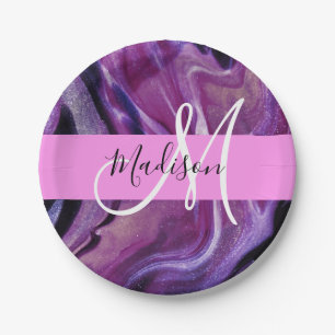 Glam Abstract Purple Shimmer Texture Pink Monogram Paper Plate