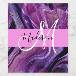 Glam Abstract Purple Shimmer Texture Pink Monogram Wine Label