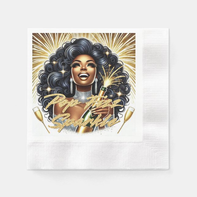 Glam African American Woman Happy New Year Napkin (Front)