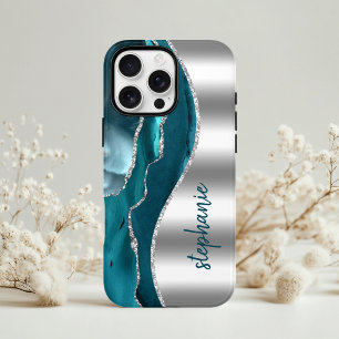 Glam Agate Geode Metallic Silver Teal Name iPhone 13 Case