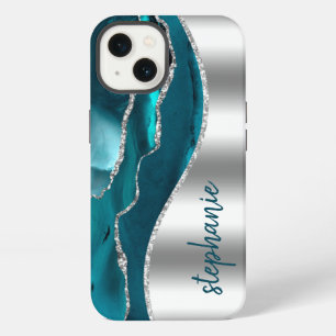 Glam Agate Geode Metallic Silver Teal Name iPhone 13 Case