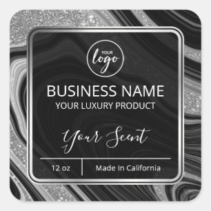 Glam Agate Silver Glitter Black Candle Labels