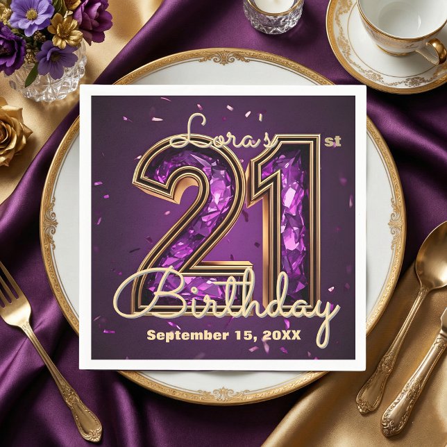 Glam Amethyst Purple Crystal Gold 21st Birthday Napkin (Creator Uploaded)
