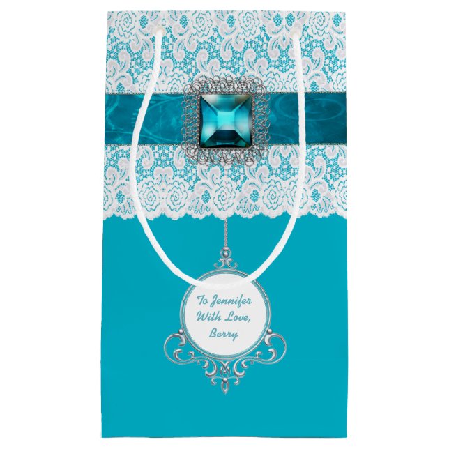Glam Aqua Blue and Lace Custom Gift Bag (Front)