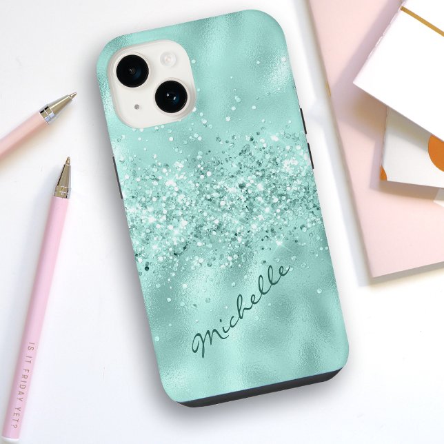 Glam Aqua Blue Foil Confetti iPhone Case (Creator Uploaded)
