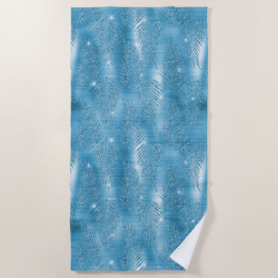 Glam Aqua Blue Tropical Glitter Leaves  Beach Towel