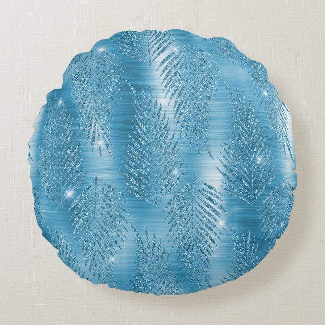 Glam Aqua Blue Tropical Glitter Leaves Round Cushion (Front)