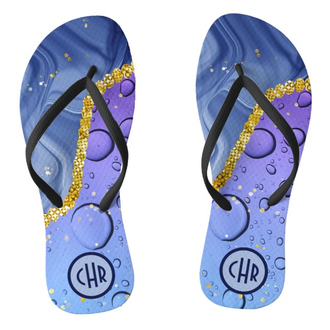 Glam Aqua Blue Water Droplets Ombre | Monogram Jandals (Footbed)
