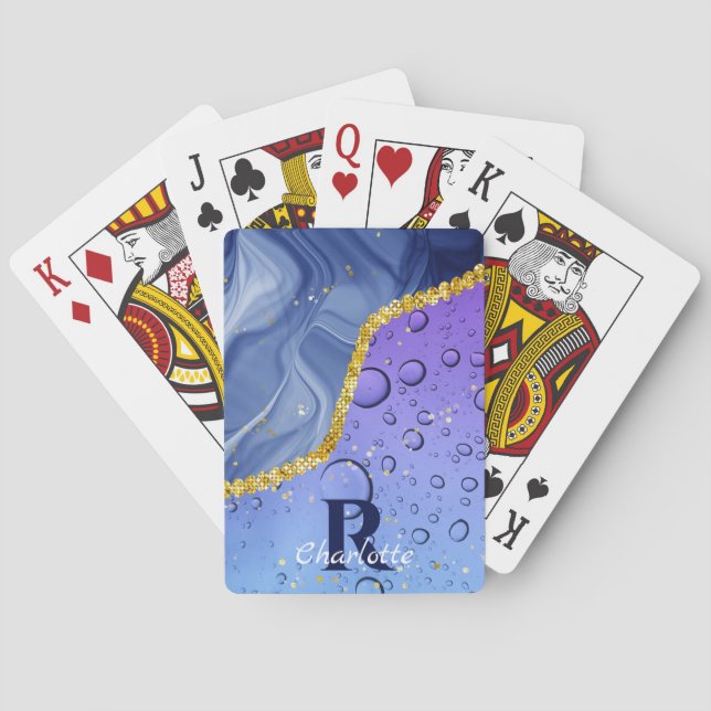 Glam Aqua Blue Water Droplets Ombre | Monogram Playing Cards (Back)