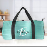 Glam Aqua Brushed Metal Black White Monogram  Duffle Bag<br><div class="desc">This personalised duffel bag features a monogram and first name in modern black and white script on a glam aqua faux brushed metal background.</div>