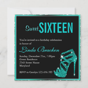 Glam Aqua Glitter High Heel Sweet Sixteen Invite