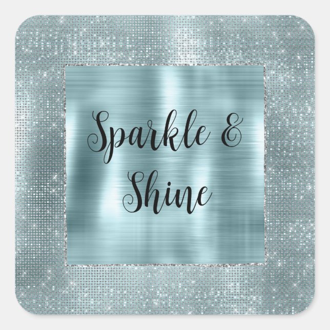 Glam Aqua Glitzy Silver Sparkle Square Sticker (Front)