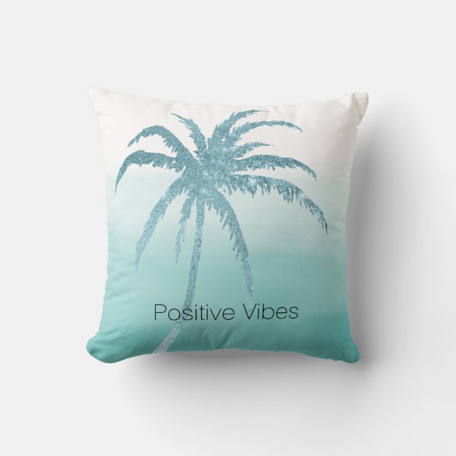 Glam Aqua Tropical Palm Tree Ombre  Cushion (Front)