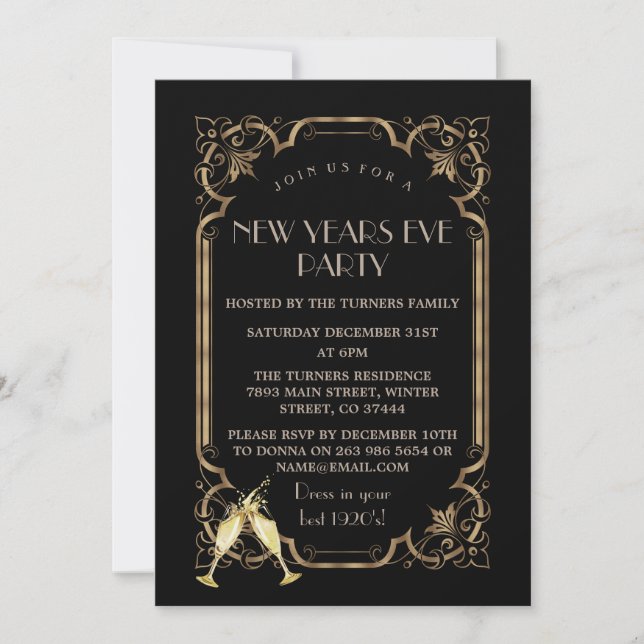 Glam Art Deco Black Gold 20s New Years Eve Party Invitation (Front)