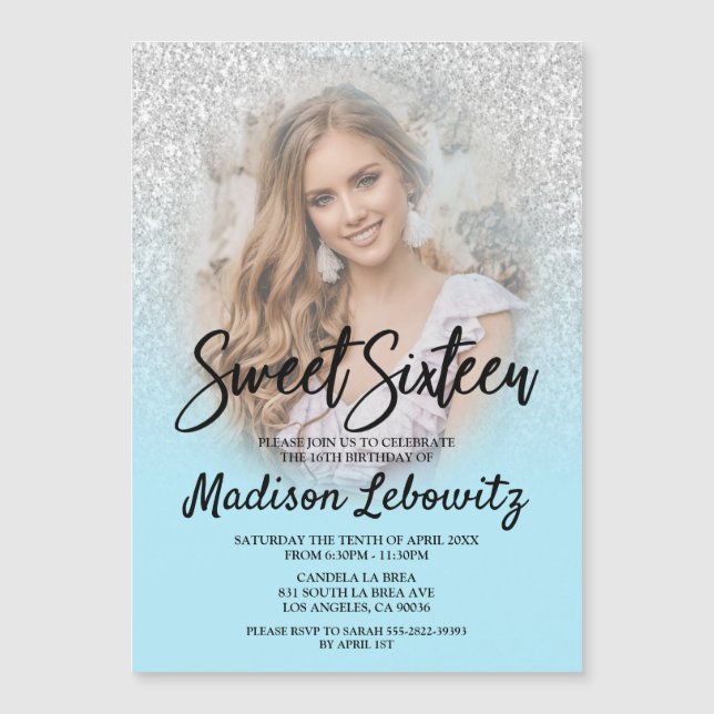 Glam Baby Blue & Glitter Sweet 16 Photo Invite (Front)