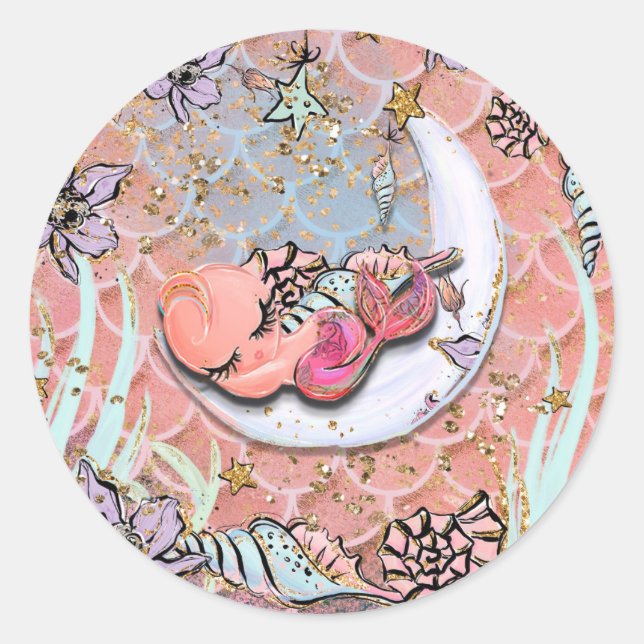 Glam Baby Mermaid Girls Baby Shower Birthday Party Classic Round Sticker (Front)